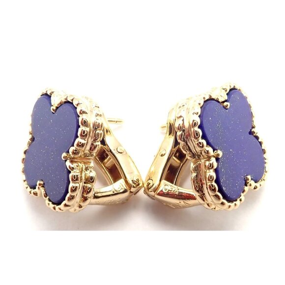 Van Cleef & Arpels 18k Yellow Gold Vintage Alhambra Blue Lapis Earrings Paper - Picture 10 of 12